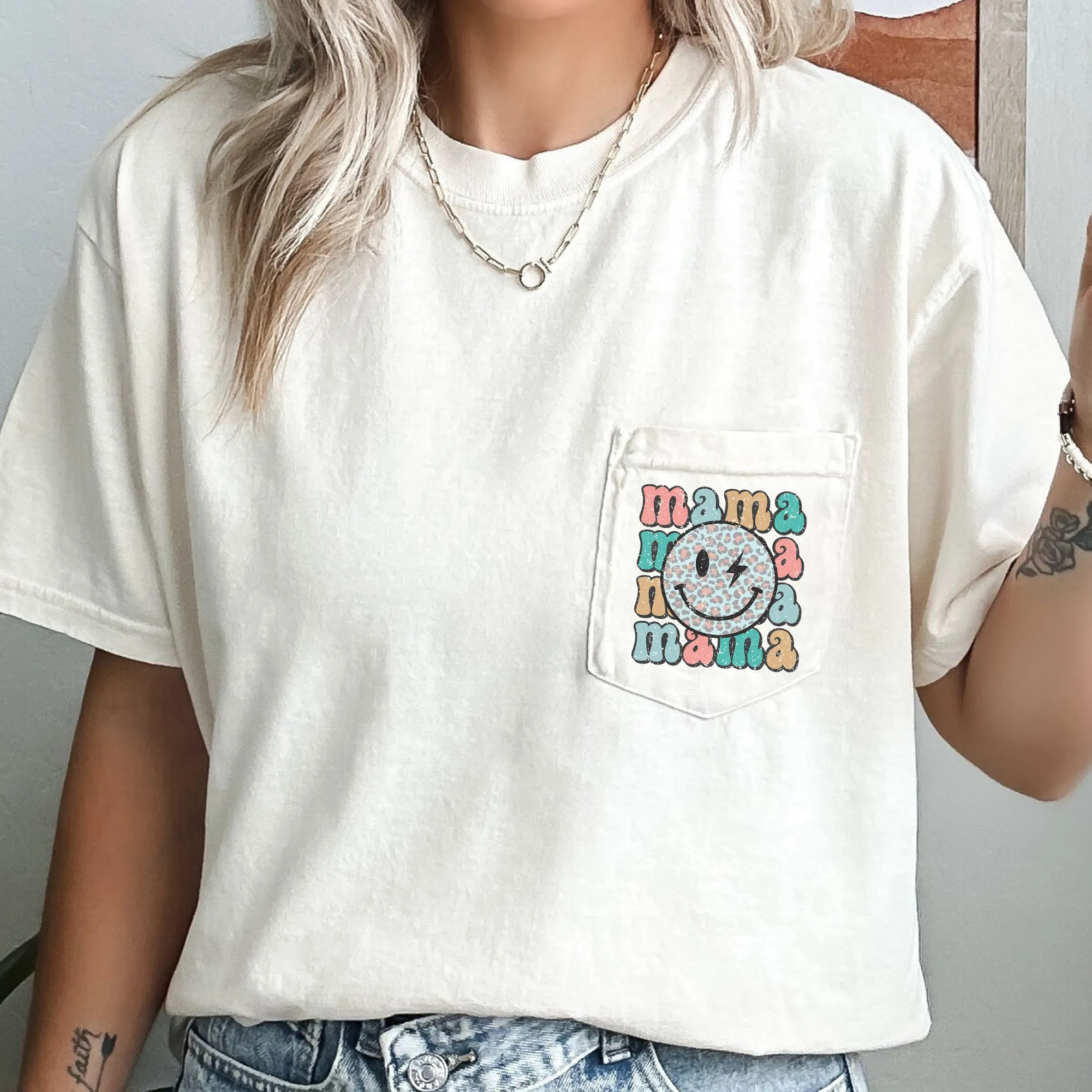 Retro Mama, Smiley Face, Leopard Print, Pocket Tee Comfort Colors T-Shirt sold by Refinery Number One product image thumbnail 2