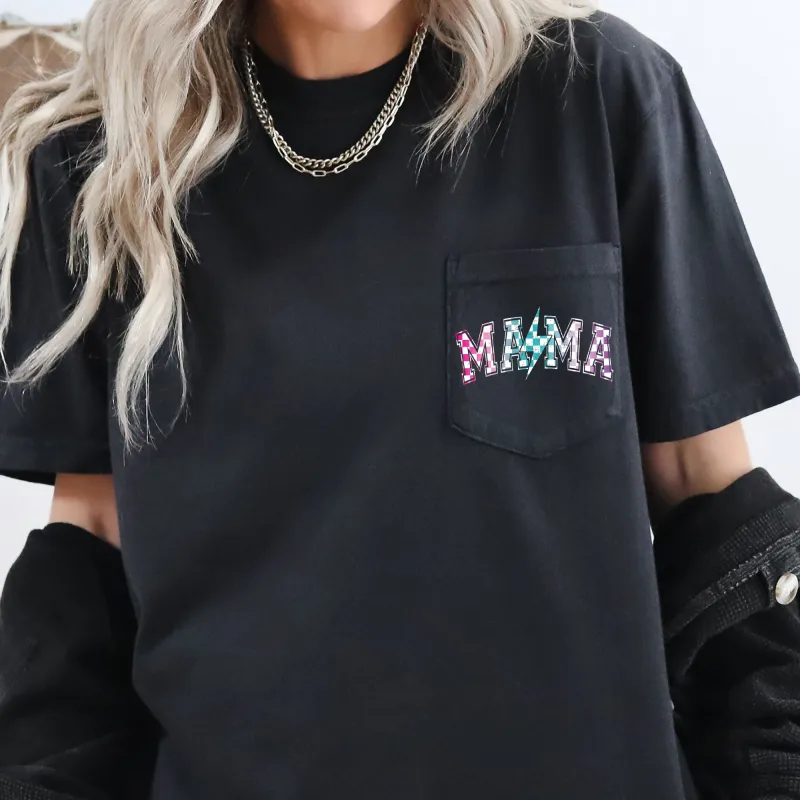 Mama, Retro Checkered, Lightening Bolt, Colorful, Pocket Tee Comfort Colors T-Shirt sold by Refinery Number One