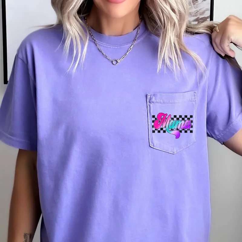 Mama, Retro Checkered, Lightening Bolt, Colorful Ombre, Pocket Tee Comfort Colors T-Shirt sold by Refinery Number One
