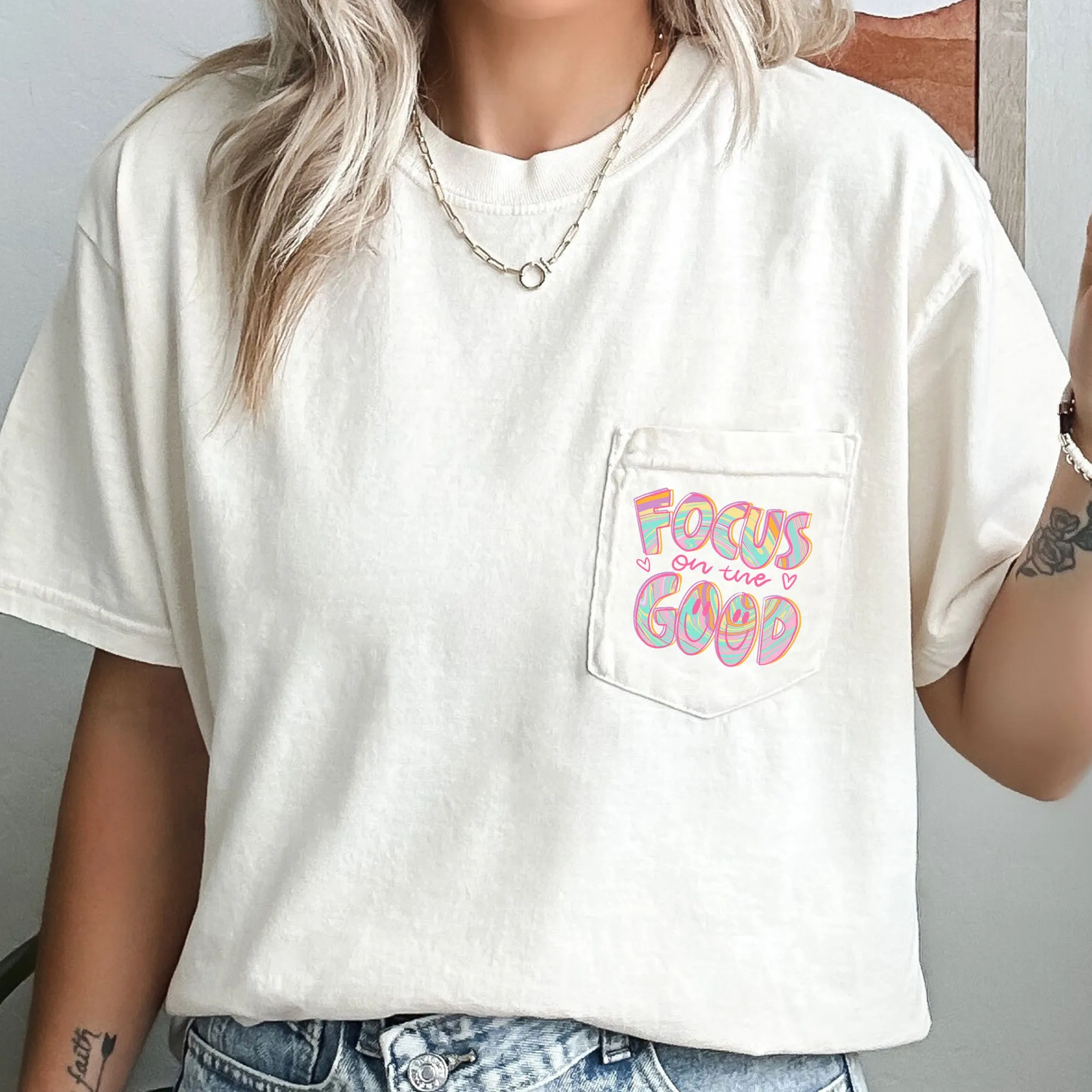 Focus On The Good, Retro, Pocket, Positivity, Mental Health Pocket Tee Comfort Colors T-Shirt sold by Refinery Number One product image thumbnail 5