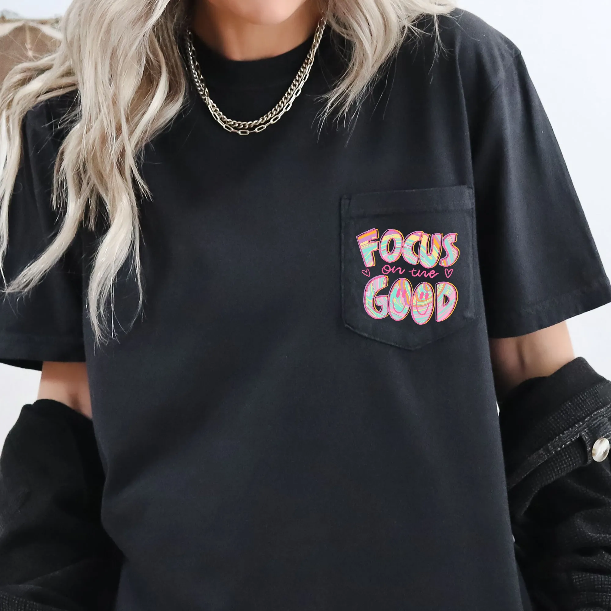 Focus On The Good, Retro, Pocket, Positivity, Mental Health Pocket Tee Comfort Colors T-Shirt sold by Refinery Number One product image thumbnail 3