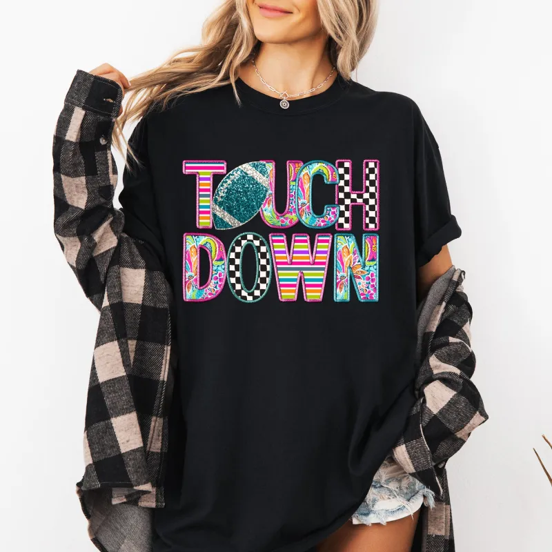 Touchdown, Faux Printed Embroidery Look, Colorful, Girly, Football, Sports, Game Day, Big Game, Tailgate Party Tshirt Comfort Colors T-Shirt sold by Refinery Number One