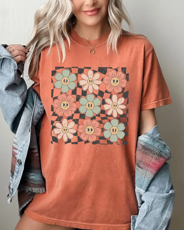 Retro Flowers, Checkered, Daisies, Hippie, Cute, Positivity Shirt Comfort Colors T-Shirt sold by Refinery Number One
