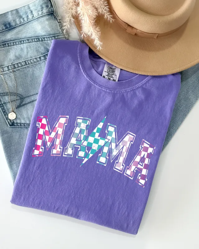 Retro Mama, Checkered, Lightening Bolt, Colorful, Mother, Mom Shirt Comfort Colors T-Shirt sold by Refinery Number One