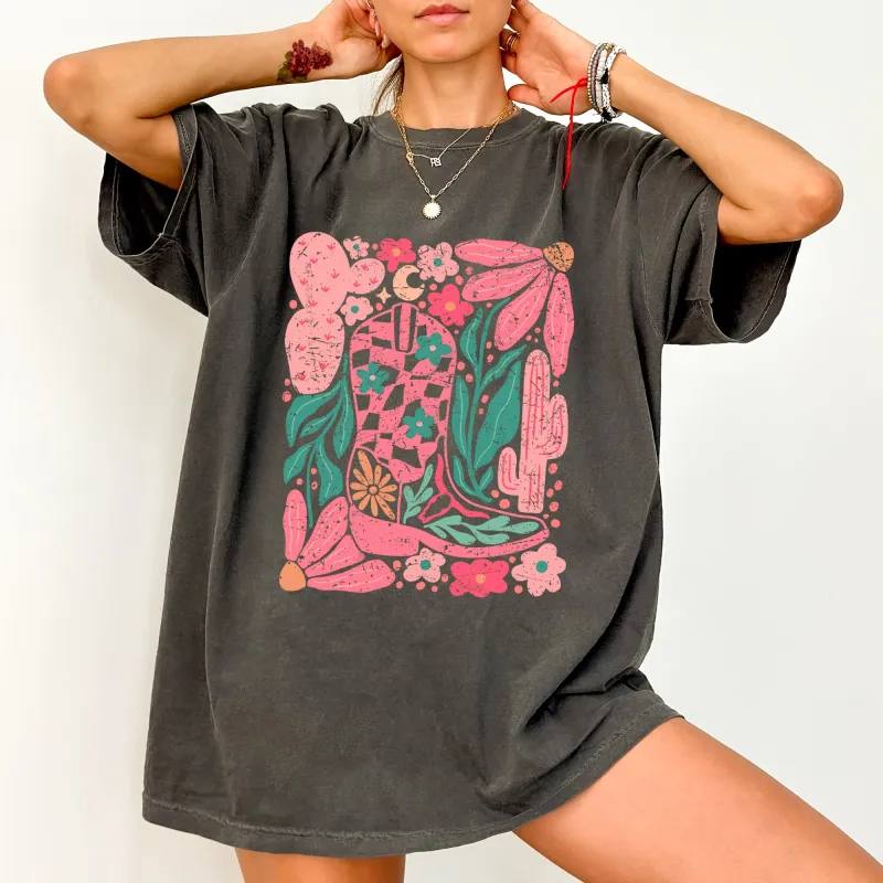 Boho Floral Cowboy Boots, Colorful, Summer, Western, Country, Trendy Shirt Comfort Colors T-Shirt sold by Refinery Number One