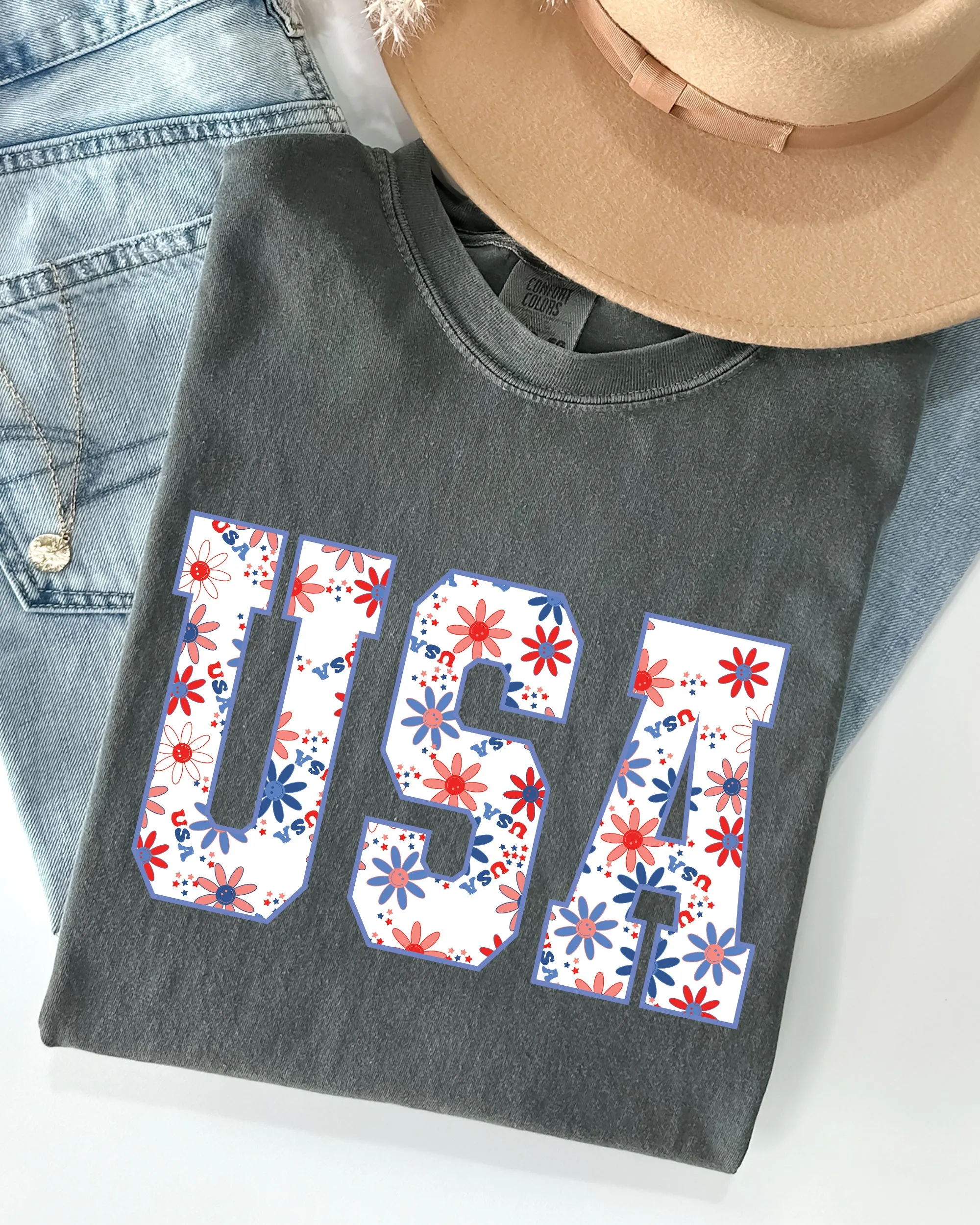 USA, Floral, Flowers, America, Patriotic, Summer, 4th of July, Independence Day Shirt Comfort Colors T-Shirt sold by Refinery Number One product image thumbnail 2