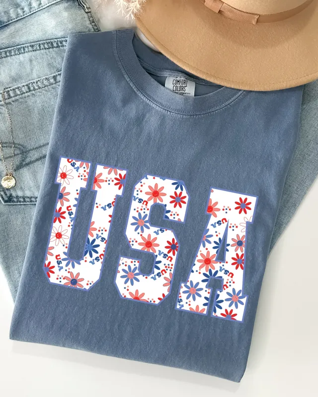 USA, Floral, Flowers, America, Patriotic, Summer, 4th of July, Independence Day Shirt Comfort Colors T-Shirt made by Refinery Number One