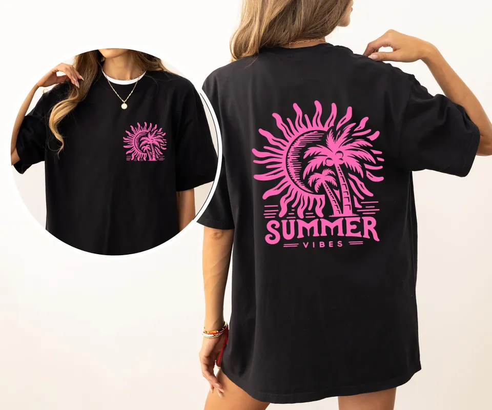 Summer Vibes, Beach Please, Palm, Sunset, Ocean, Hot Girl Summer, Vacation, Front and Back Shirt Comfort Colors T-Shirt sold by Refinery Number One