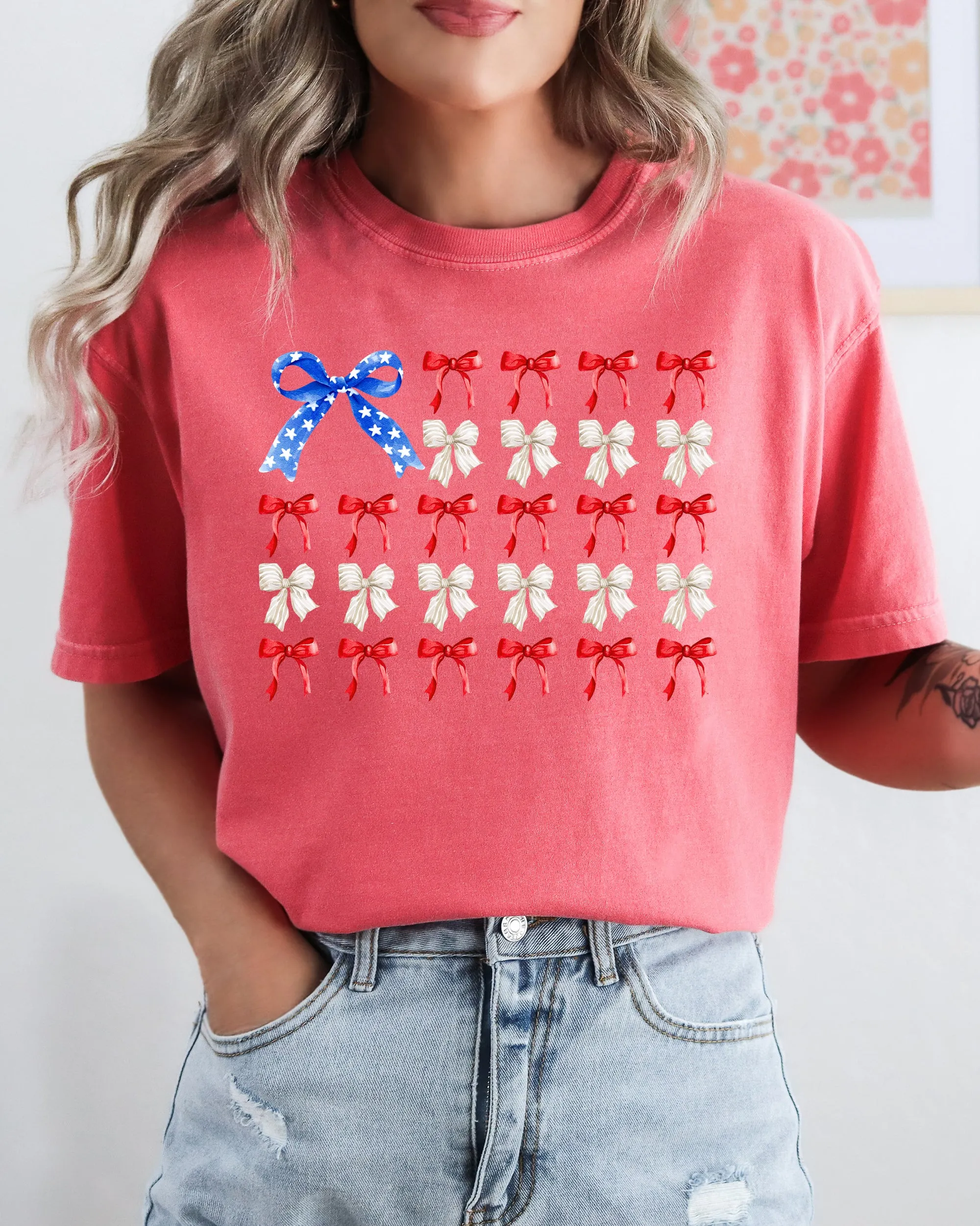 Flag Ribbons and Bows, America, Fourth Of July, Red White Blue, USA, Patriotic, Girly, Coquette, Trendy Shirt Comfort Colors T-Shirt sold by Refinery Number One product image thumbnail 5