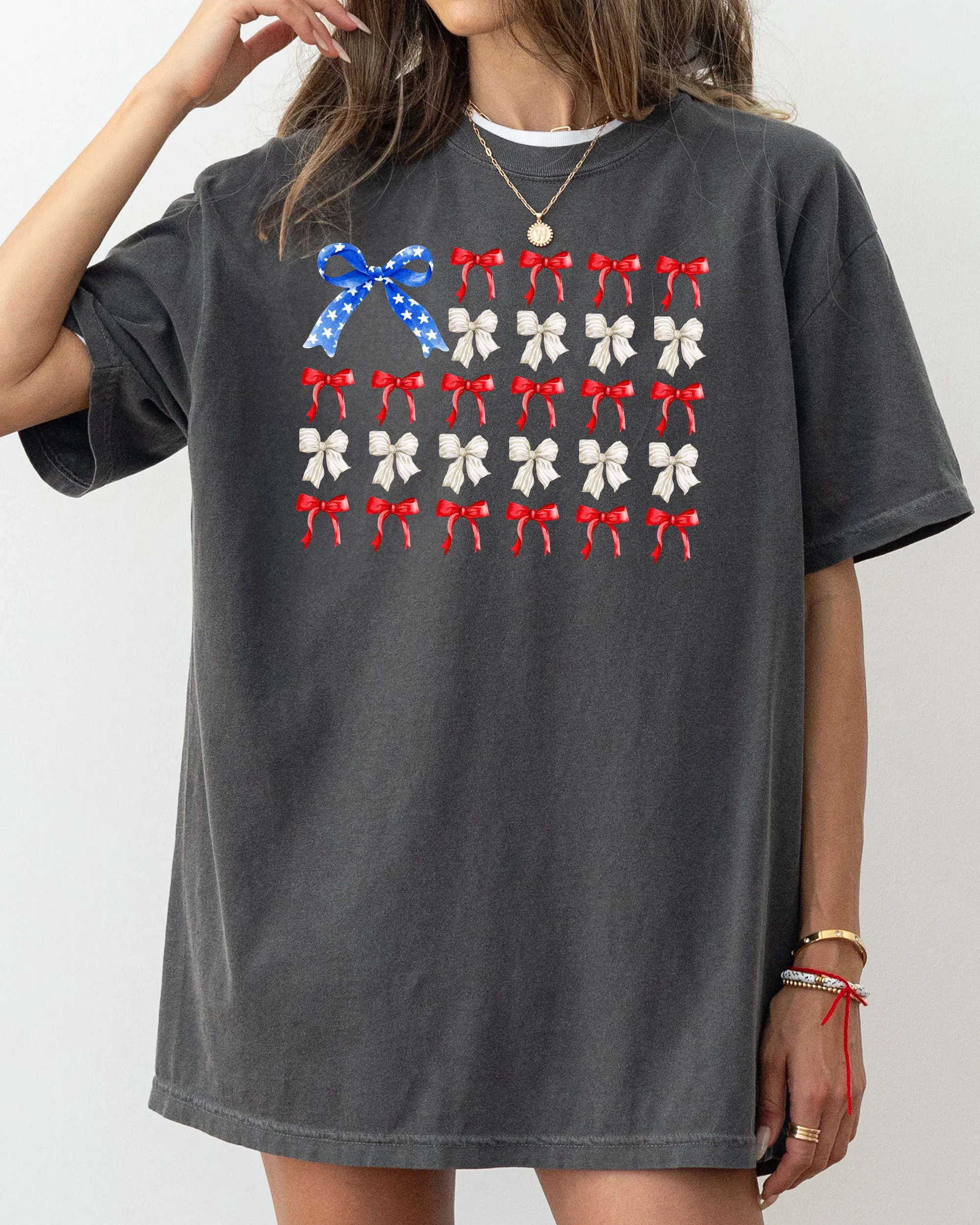Flag Ribbons and Bows, America, Fourth Of July, Red White Blue, USA, Patriotic, Girly, Coquette, Trendy Shirt Comfort Colors T-Shirt sold by Refinery Number One