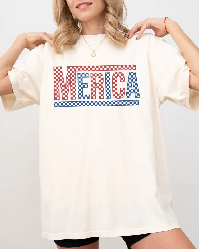 Merica, America, Retro, Checkered, Independence Day, USA, 4th Of July, Fourth Of July Tshirt Comfort Colors T-Shirt made by Refinery Number One