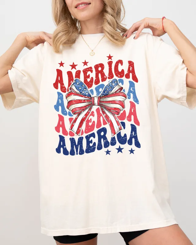 America, Retro, Patriotic Bow, Independence Day, USA, 4th Of July, Fourth Of July Tshirt Comfort Colors T-Shirt sold by Refinery Number One
