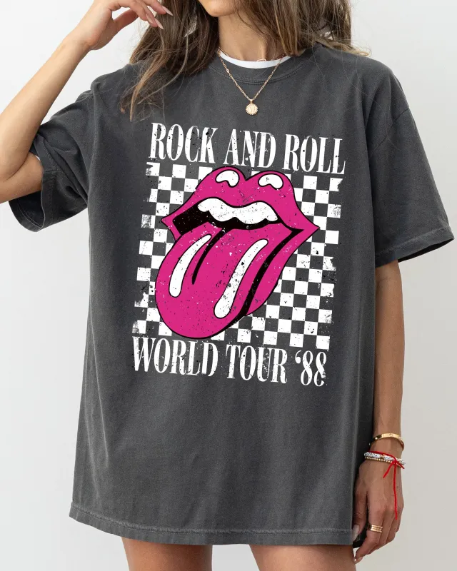 Rock And Roll World Tour, Lips and Tongue, Checkered, 80s Rock, Retro, Classic Rock Tshirt Comfort Colors T-Shirt sold by Refinery Number One