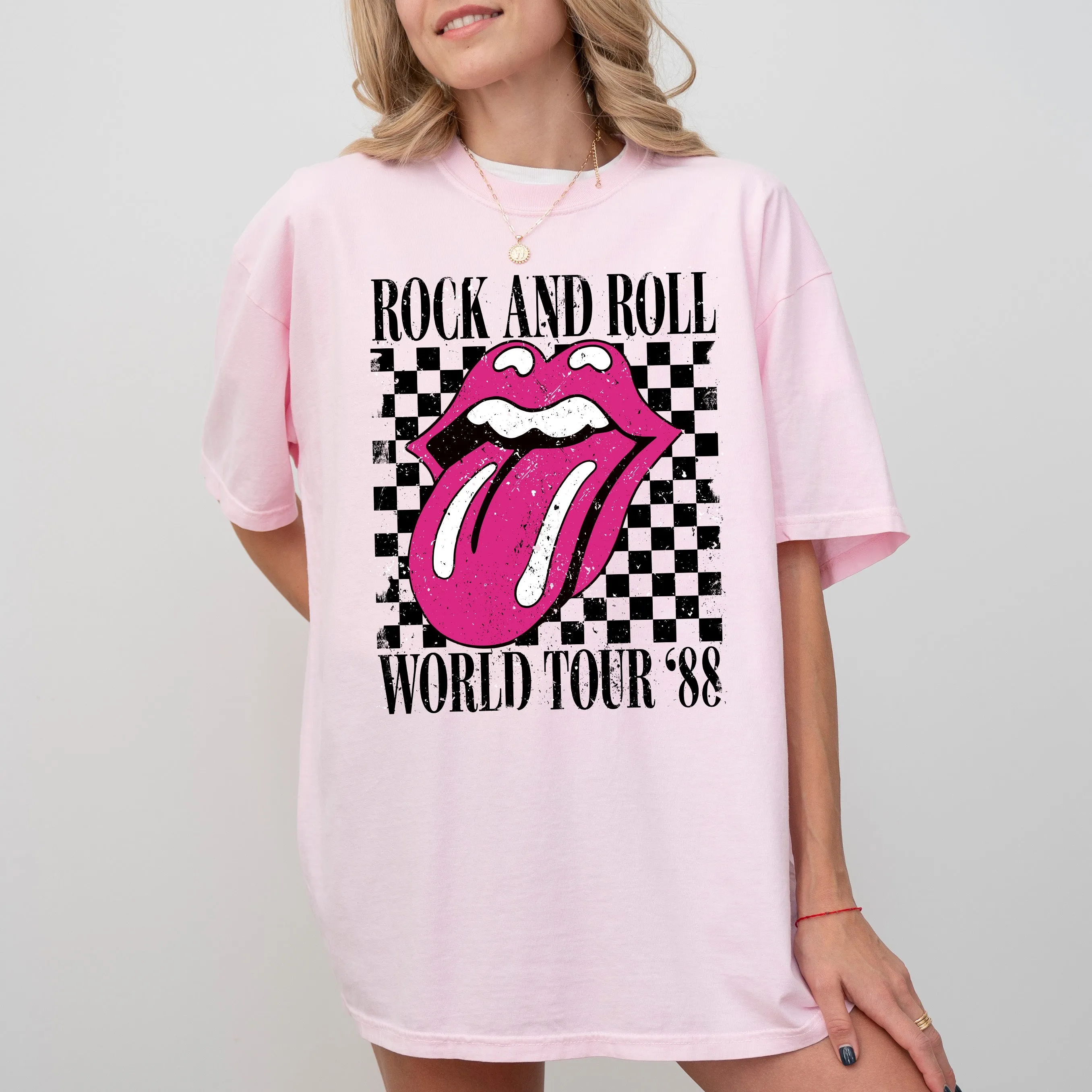 Rock And Roll World Tour, Lips and Tongue, Checkered, 80s Rock, Retro, Classic Rock Tshirt Comfort Colors T-Shirt sold by Refinery Number One product image thumbnail 3