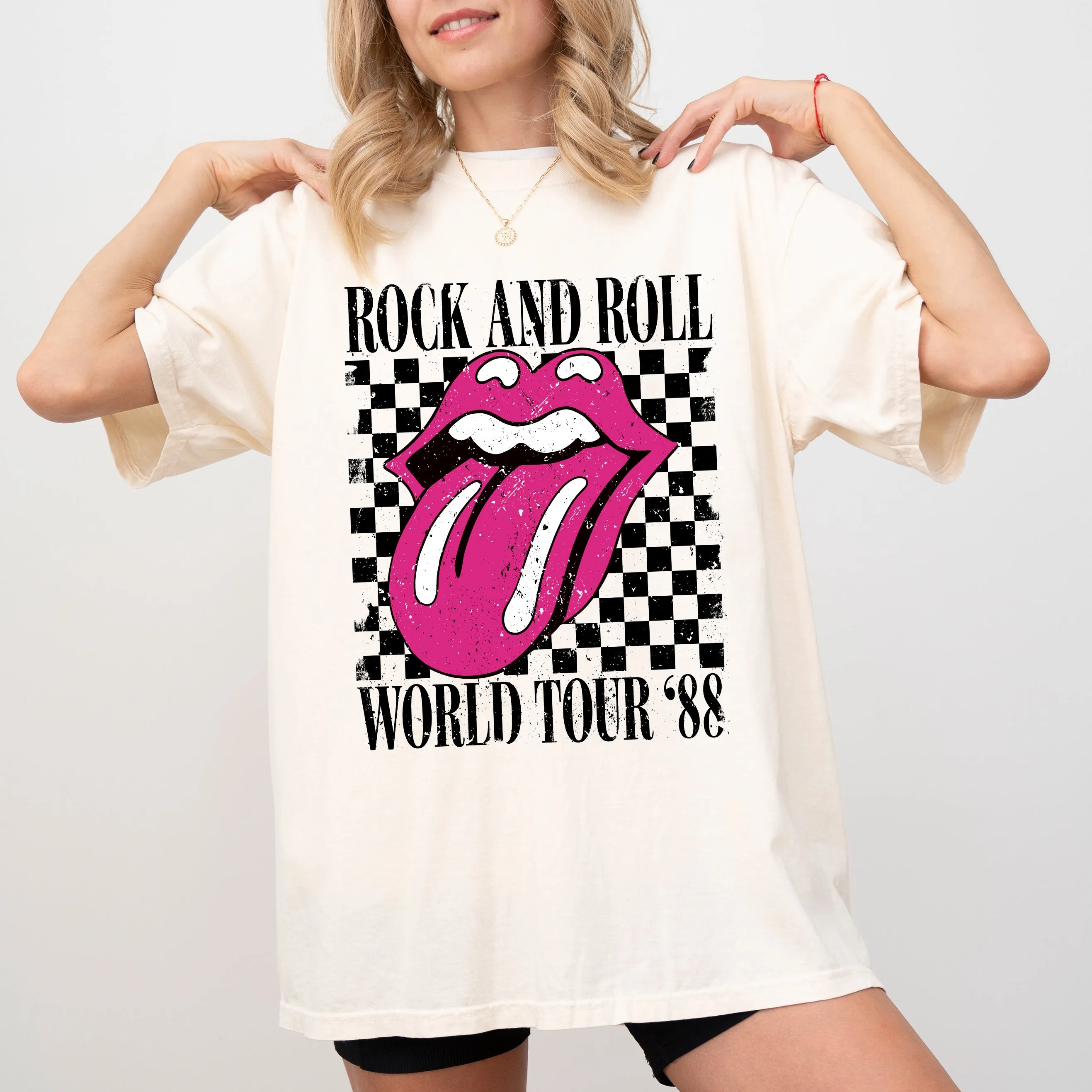 Rock And Roll World Tour, Lips and Tongue, Checkered, 80s Rock, Retro, Classic Rock Tshirt Comfort Colors T-Shirt sold by Refinery Number One product image thumbnail 2