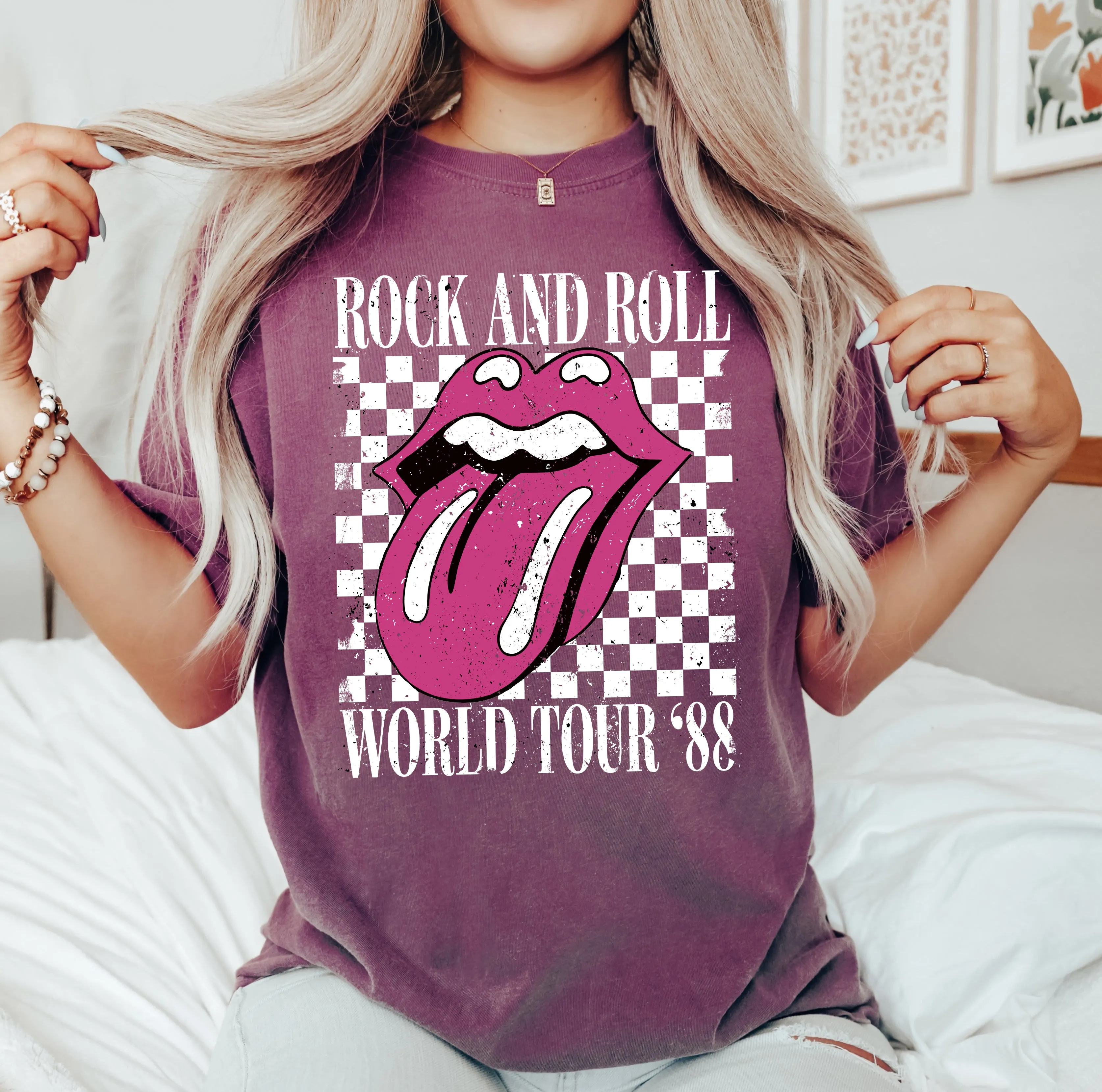 Rock And Roll World Tour, Lips and Tongue, Checkered, 80s Rock, Retro, Classic Rock Tshirt Comfort Colors T-Shirt sold by Refinery Number One product image thumbnail 5