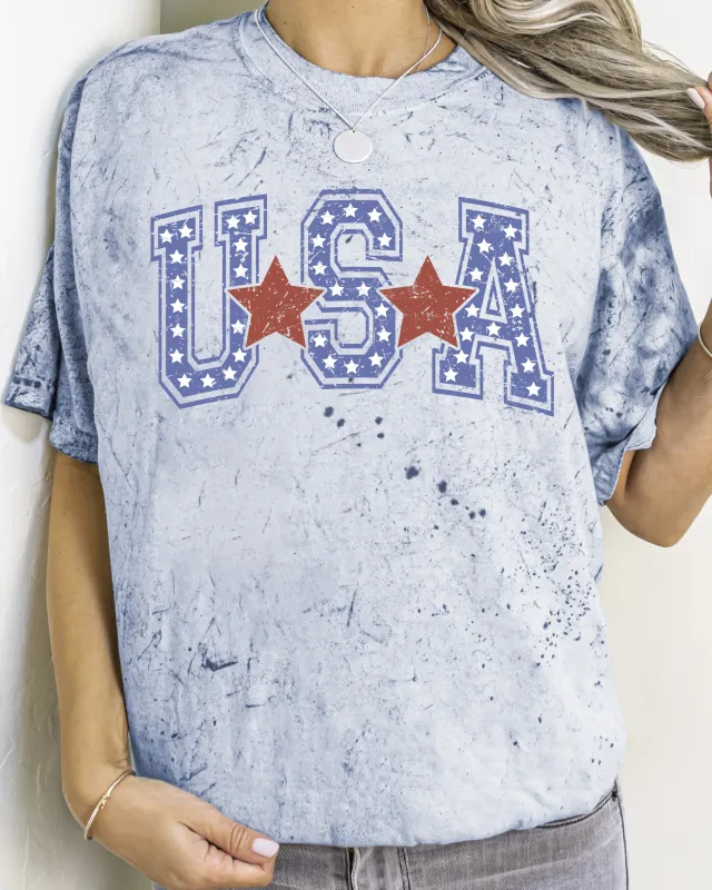 USA, Stars, Stripes, Patriotic, Vintage, Varsity Style, Color Blast, Comfort Colors Tshirt sold by Refinery Number One