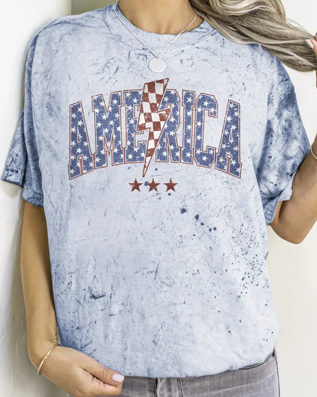 America, Retro, Lightening Bolt, USA, Patriotic, Independence Day, Fourth Of July, 4th Of July Color Blast, Comfort Colors Tshirt sold by Refinery Number One