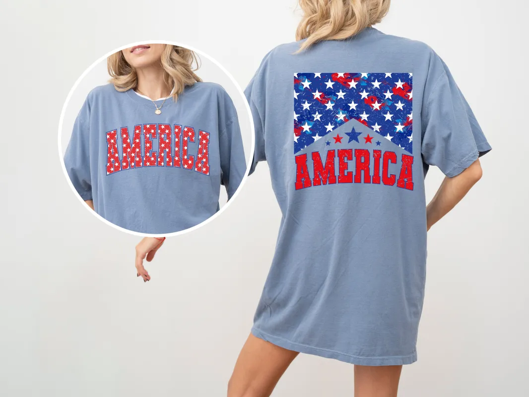 America, Red White Blue, Stars, Stripes, Patriotic, Independence Day, Front and Back, USA, Flag, Tshirt Comfort Colors T-Shirt sold by Refinery Number One