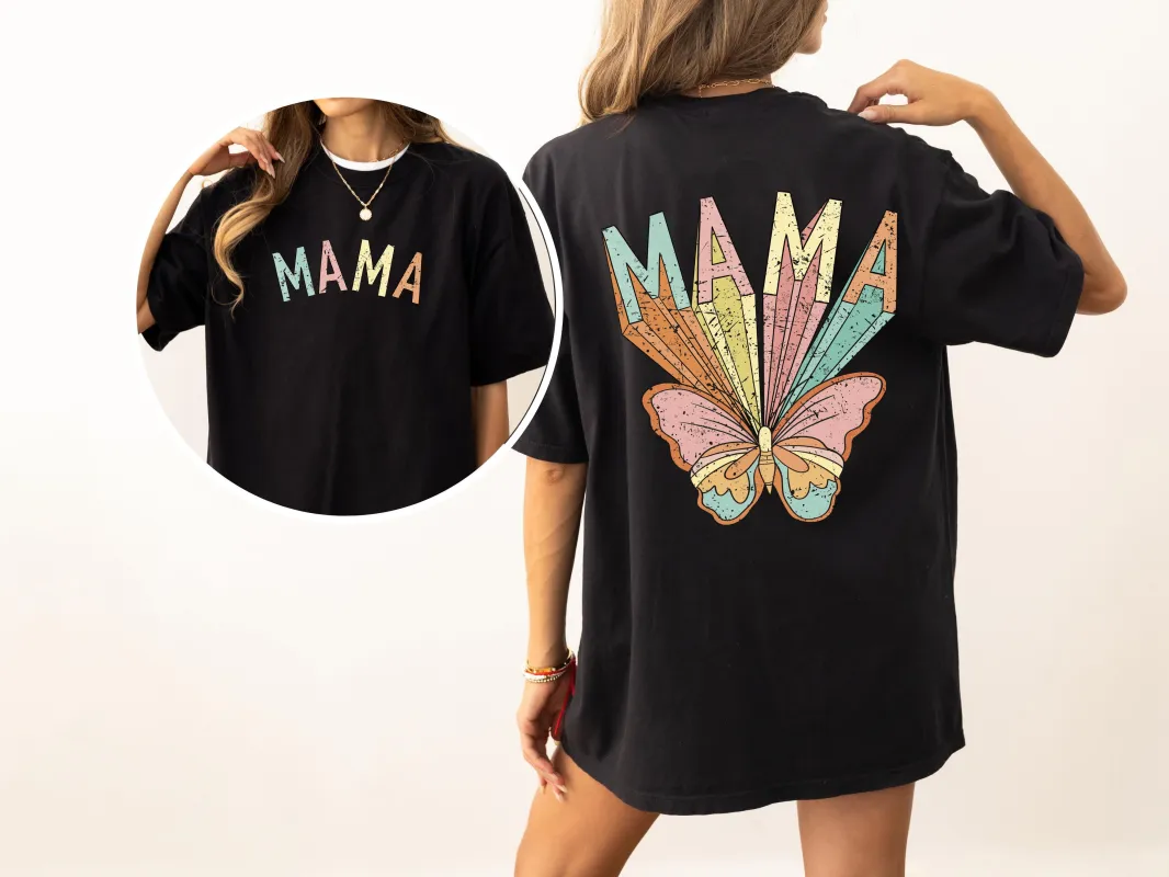 Mama, Butterfly, Colorful, Mother's Day, Mother, Front and Back, Pastel, Retro, Psychedelic, Tshirt Comfort Colors T-Shirt sold by Refinery Number One