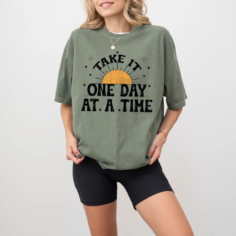 Take It One Day At A Time, Let Go, Mental Health, Self Care, Positivity, Sun, Stars, Tshirt Comfort Colors T-Shirt sold by Refinery Number One