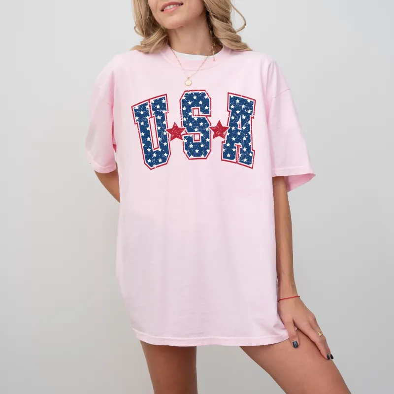 USA, Stars, Stripes, Patriotic, Retro, Varsity Style, Dark Blue, Tshirt Comfort Colors T-Shirt sold by Refinery Number One