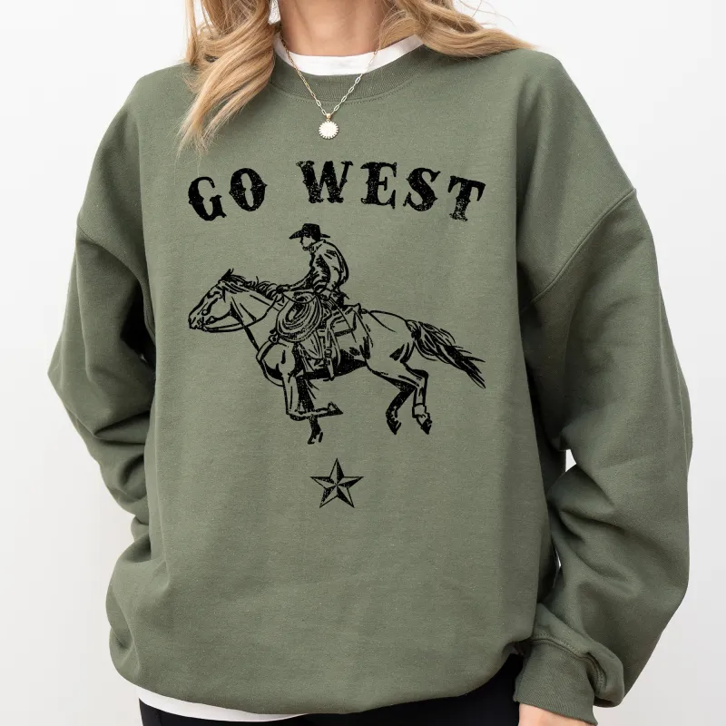 Go West, Cowboy, Horse, Western, Retro, Vintage, Sweatshirt sold by Refinery Number One