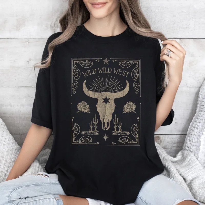 Wild Wild West, Skull, Cattle, Cowboy, Cowgirl, Tshirt Comfort Colors T-Shirt sold by Refinery Number One