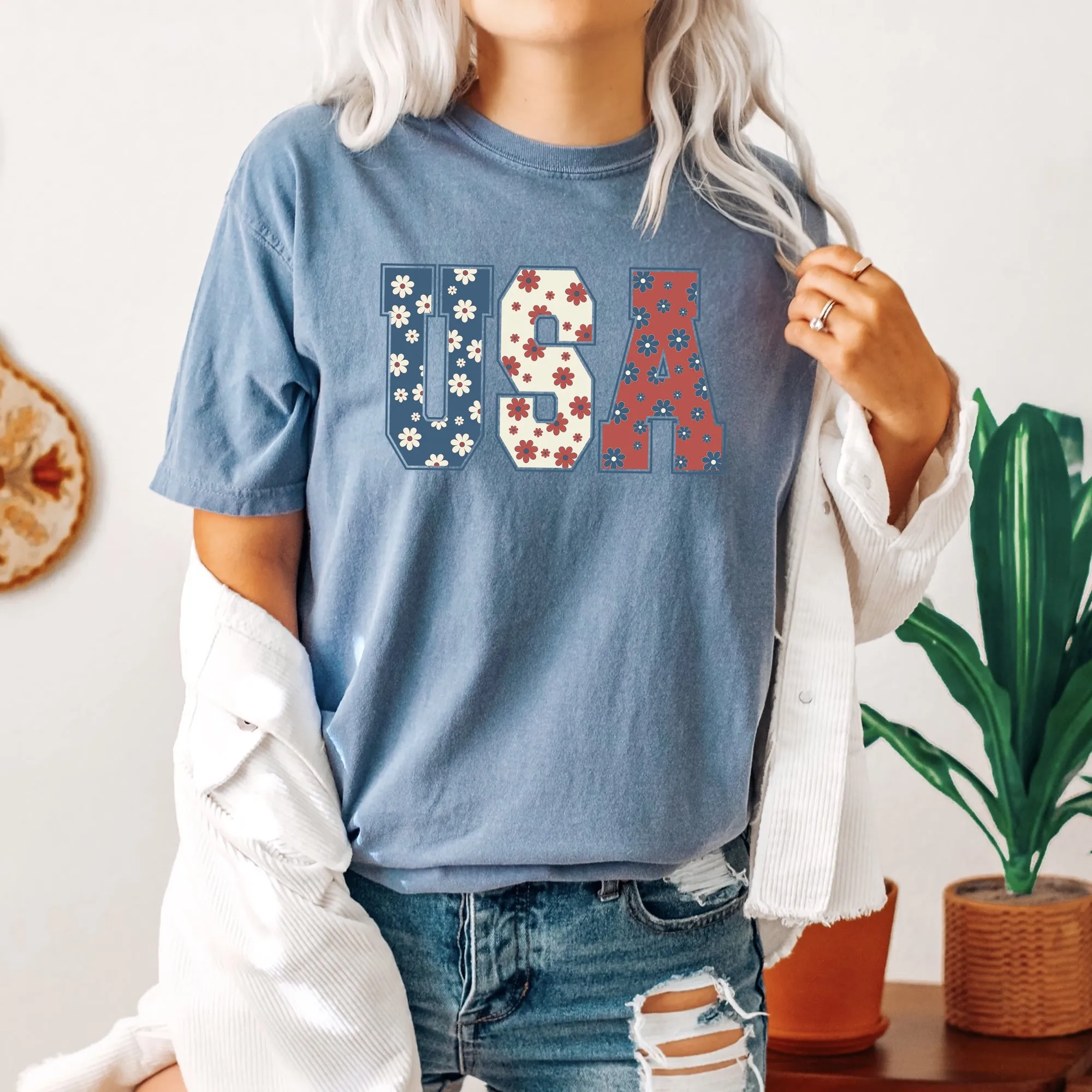USA, Floral Print, Patriotic, America, Comfort Colors Tshirt sold by Refinery Number One product image thumbnail 4