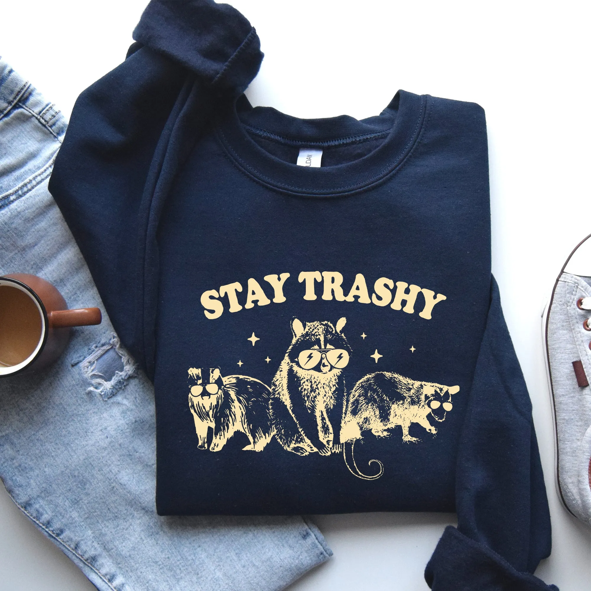 Stay Trashy Raccoon Possum Aesthetic Meme Funny Graphic Illustration Quote Pop Culture Style Sweatshirt sold by Refinery Number One product image thumbnail 5