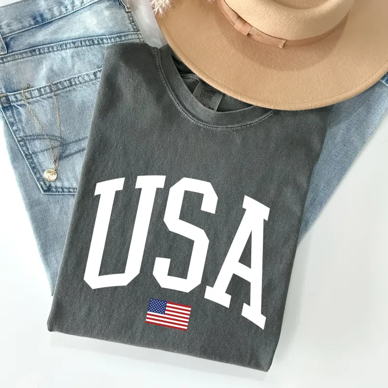 USA Flag, America, Patriotic, White, 4th of July Tshirt Comfort Colors T-Shirt sold by Refinery Number One