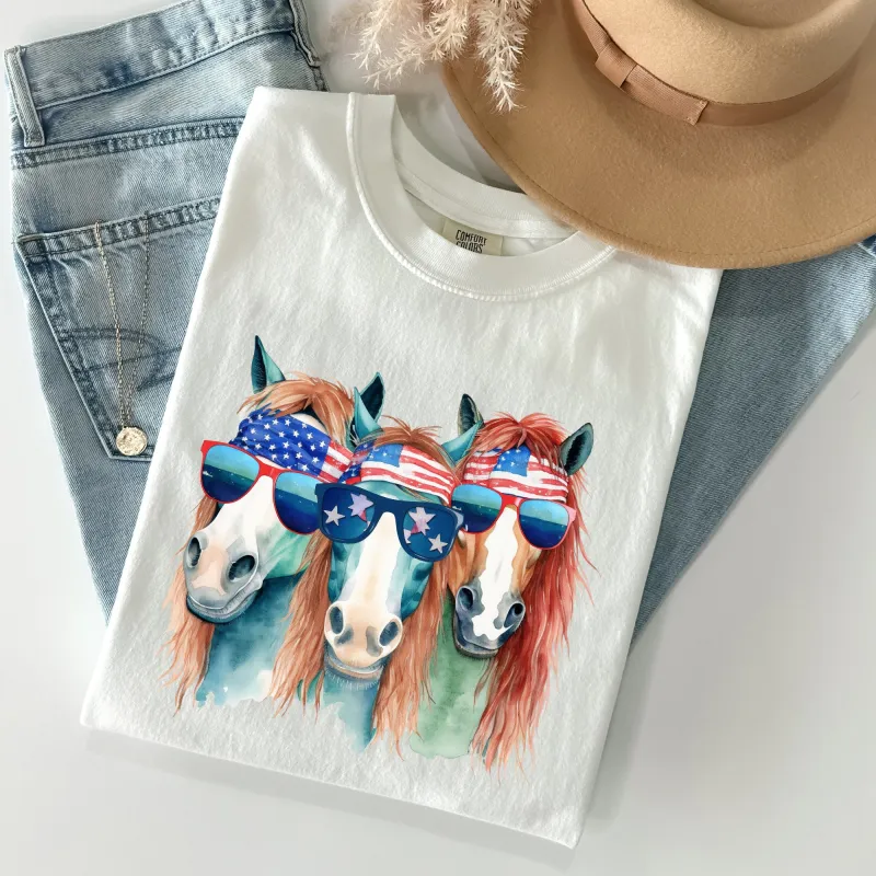 Patriotic Horses, Hippie Funny, Patriotic 4th of July Tshirt Comfort Colors T-Shirt sold by Refinery Number One