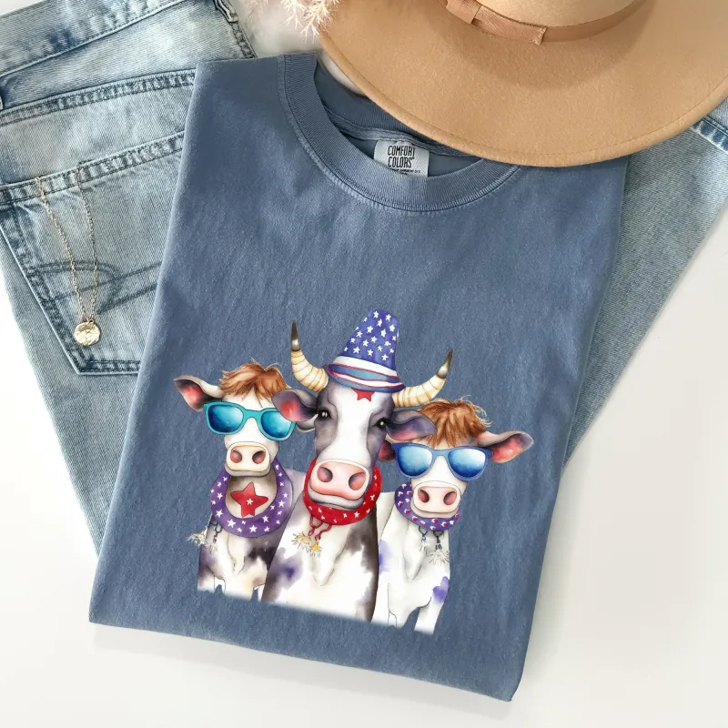 Patriotic Cows, Hippie, Funny, Patriotic, 4th of July Tshirt Comfort Colors T-Shirt sold by Refinery Number One