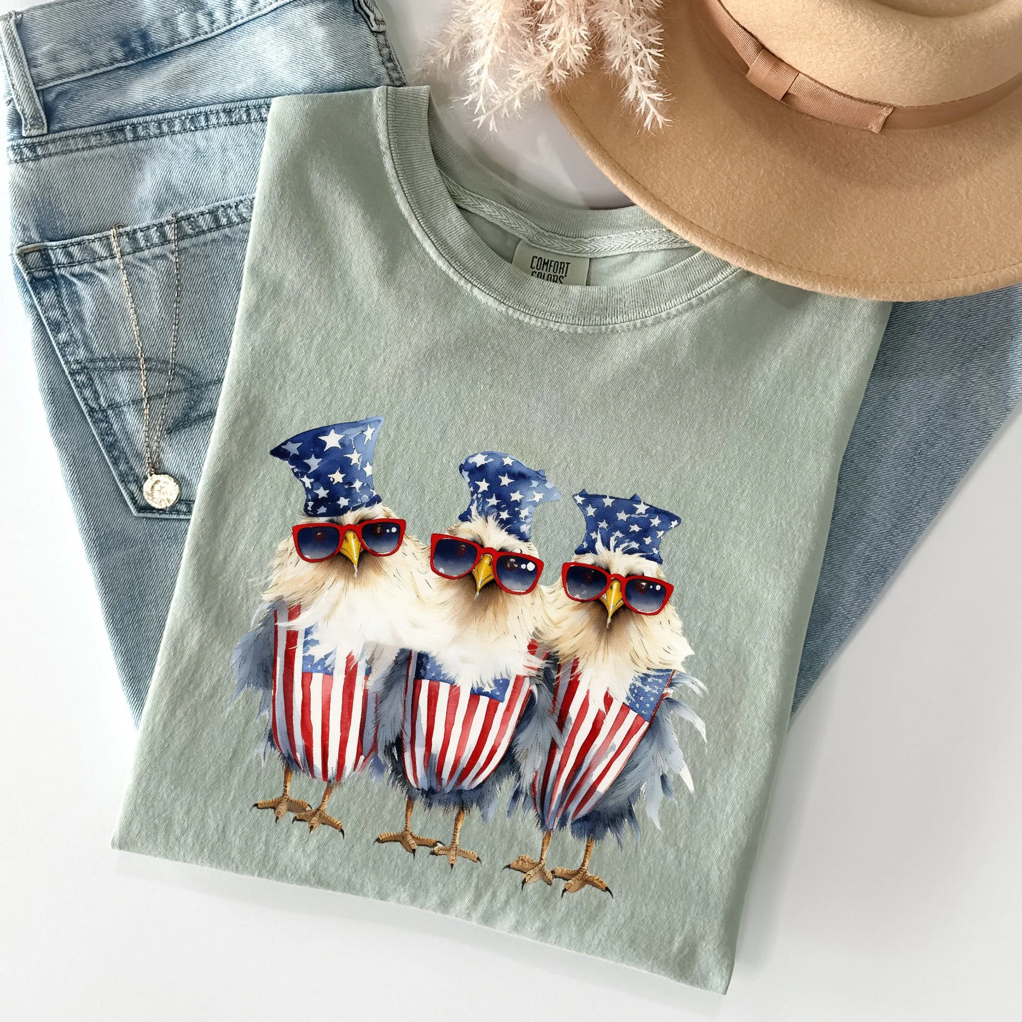 Patriotic Chickens, Hippie, Funny, Patriotic, 4th of Tshirt Comfort Colors T-Shirt sold by Refinery Number One