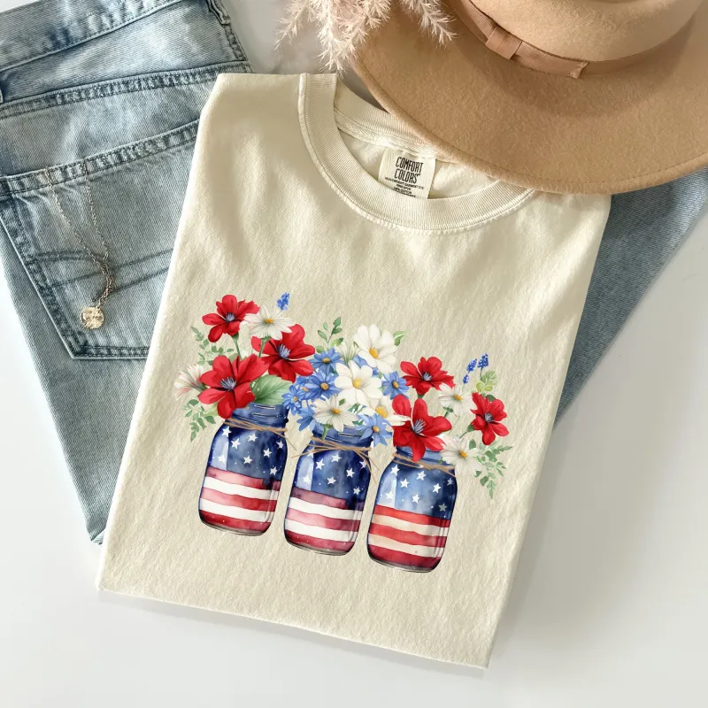 Mason Jars with Flowers, Patriotic, 4th of July Tshirt Comfort Colors T-Shirt sold by Refinery Number One
