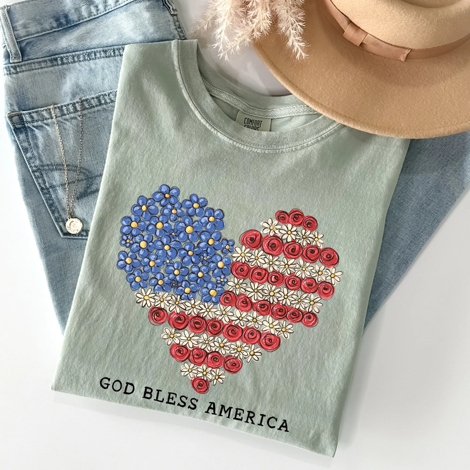God Bless America, Flowers, Flag Heart, Patriotic Tshirt Comfort Colors T-Shirt sold by Refinery Number One