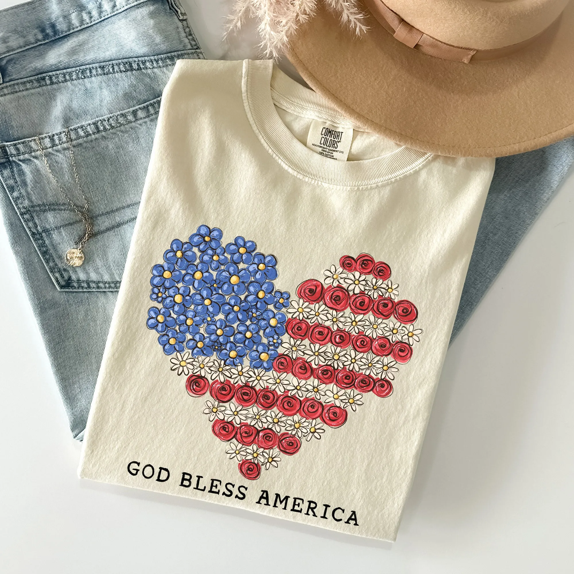 God Bless America, Flowers, Flag Heart, Patriotic Tshirt Comfort Colors T-Shirt sold by Refinery Number One product image thumbnail 2