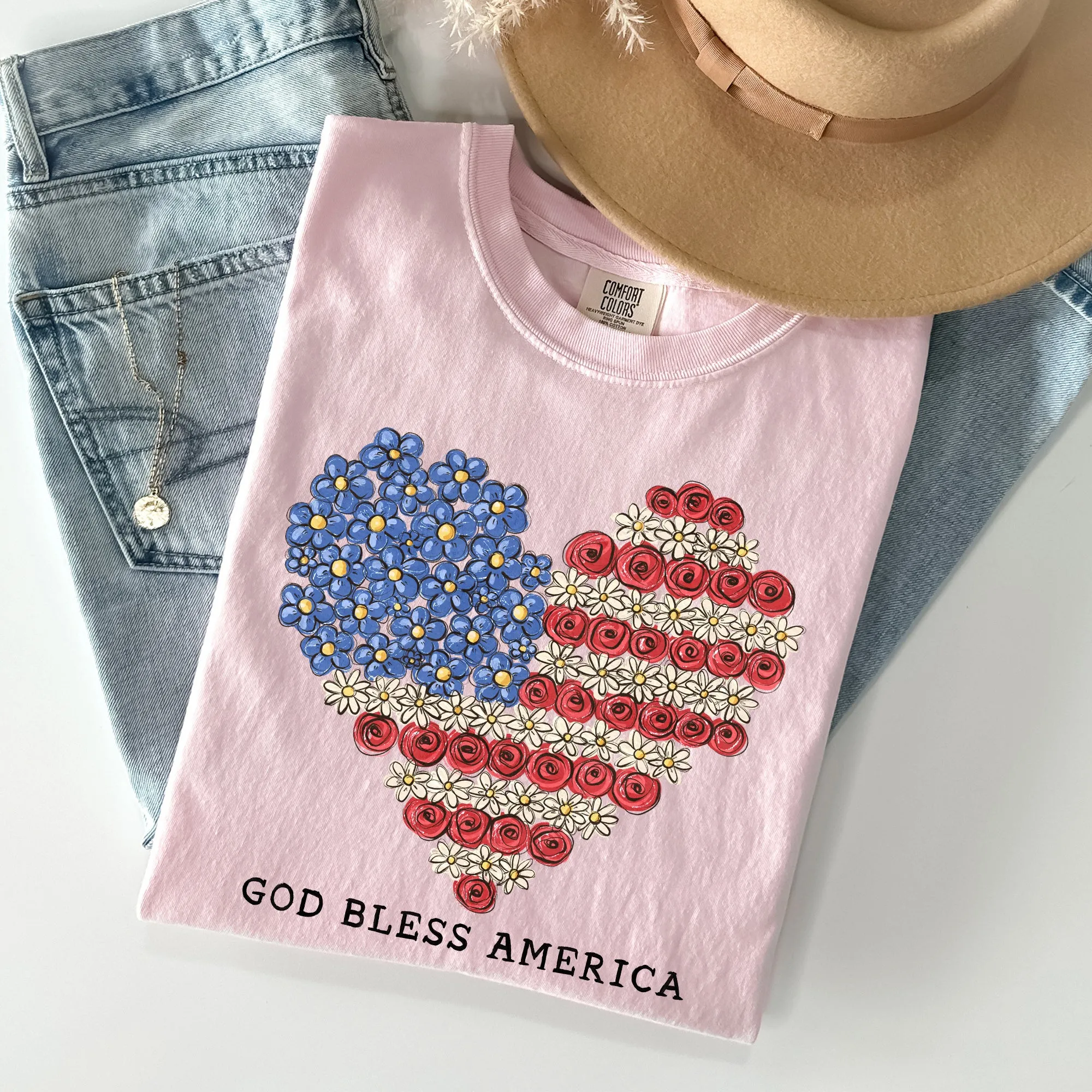 God Bless America, Flowers, Flag Heart, Patriotic Tshirt Comfort Colors T-Shirt sold by Refinery Number One product image thumbnail 4