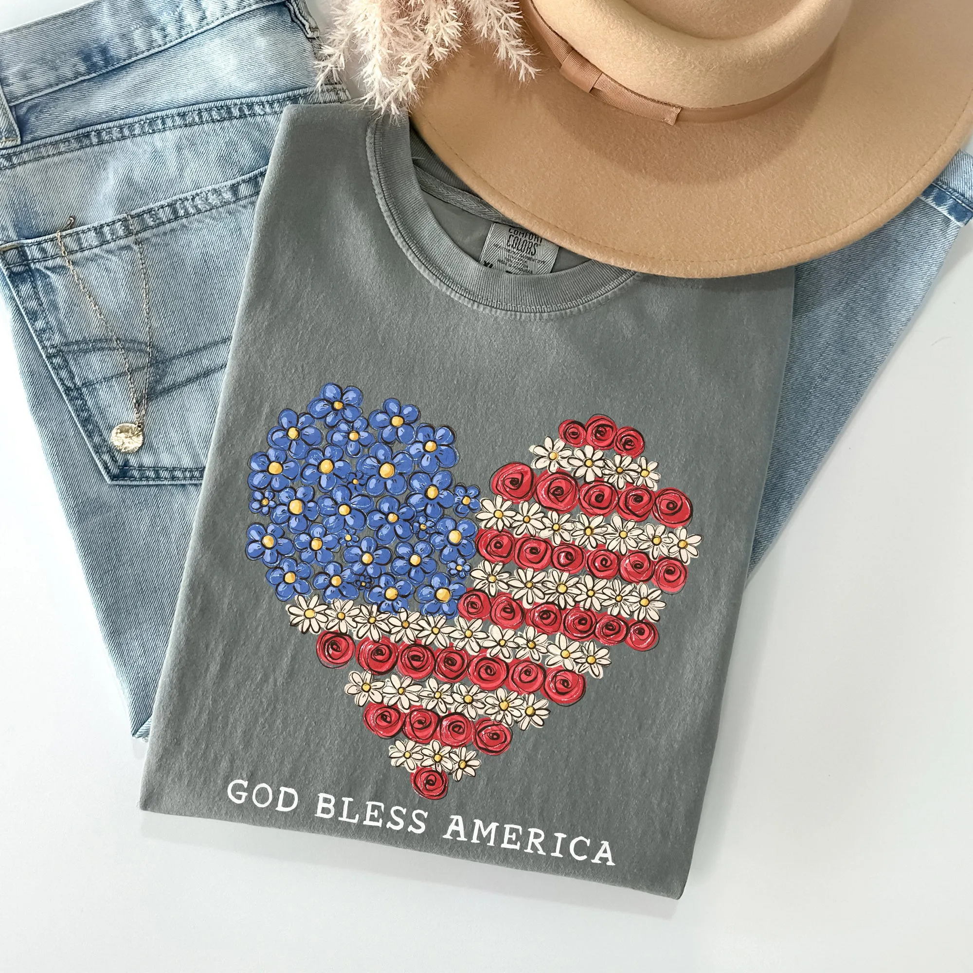 God Bless America, Flowers, Flag Heart, Patriotic Tshirt Comfort Colors T-Shirt sold by Refinery Number One product image thumbnail 3