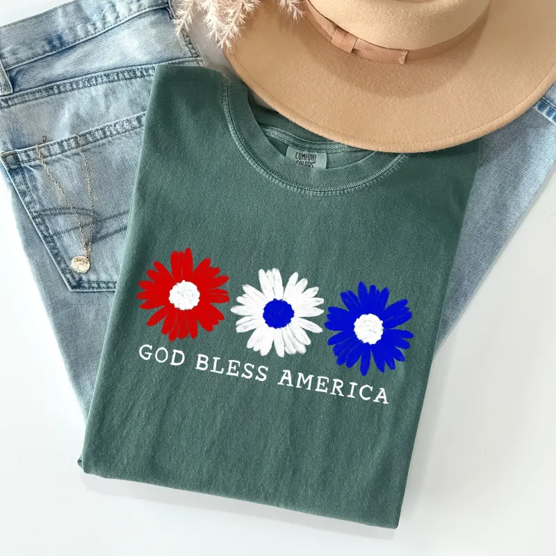 Flowers, God Bless America, Red White Blue, Tshirt Comfort Colors T-Shirt sold by Refinery Number One