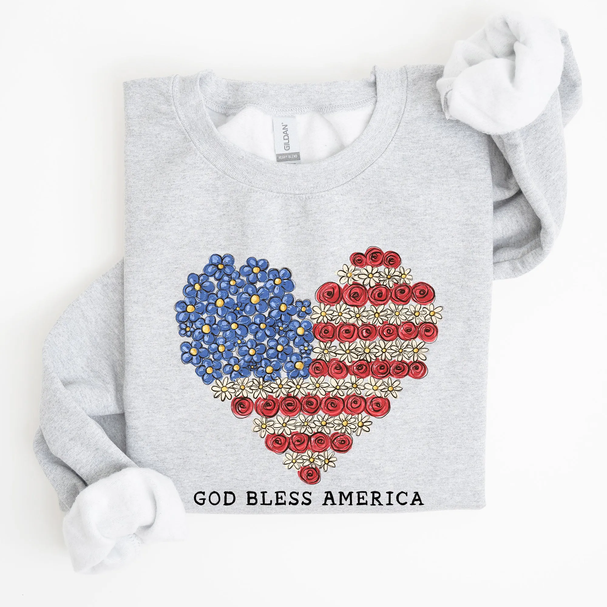 God Bless America Flowers Flag Heart Patriotic Floral Emblem Cozy Cotton Vintage Heritage Sweatshirt sold by Refinery Number One