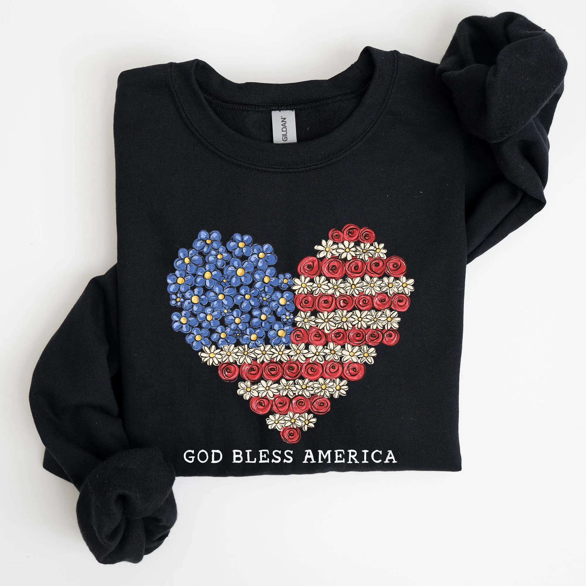 God Bless America Flowers Flag Heart Patriotic Floral Emblem Cozy Cotton Vintage Heritage Sweatshirt sold by Refinery Number One product image thumbnail 5