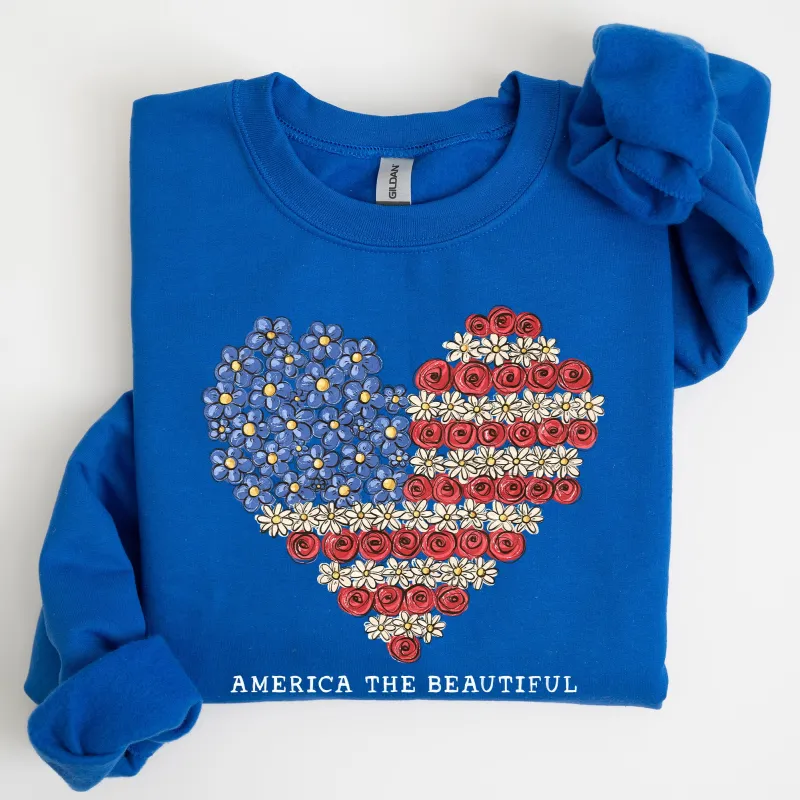 America The Beautiful, Flowers, Heart Flag, Sweatshirt sold by Refinery Number One