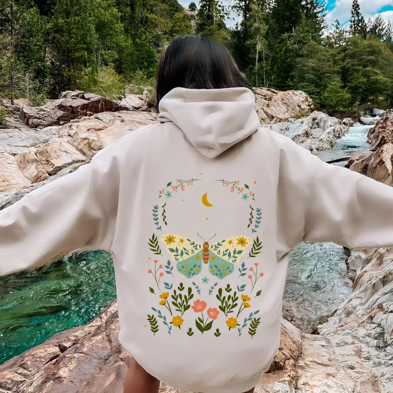 Twilight Flora and Fauna, Moon, Moth, and Flower Hoodie made by Refinery Number One