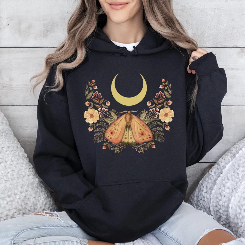 Mystical Moth and Moon, Enchanted Floral Night Sky Hoodie sold by Refinery Number One