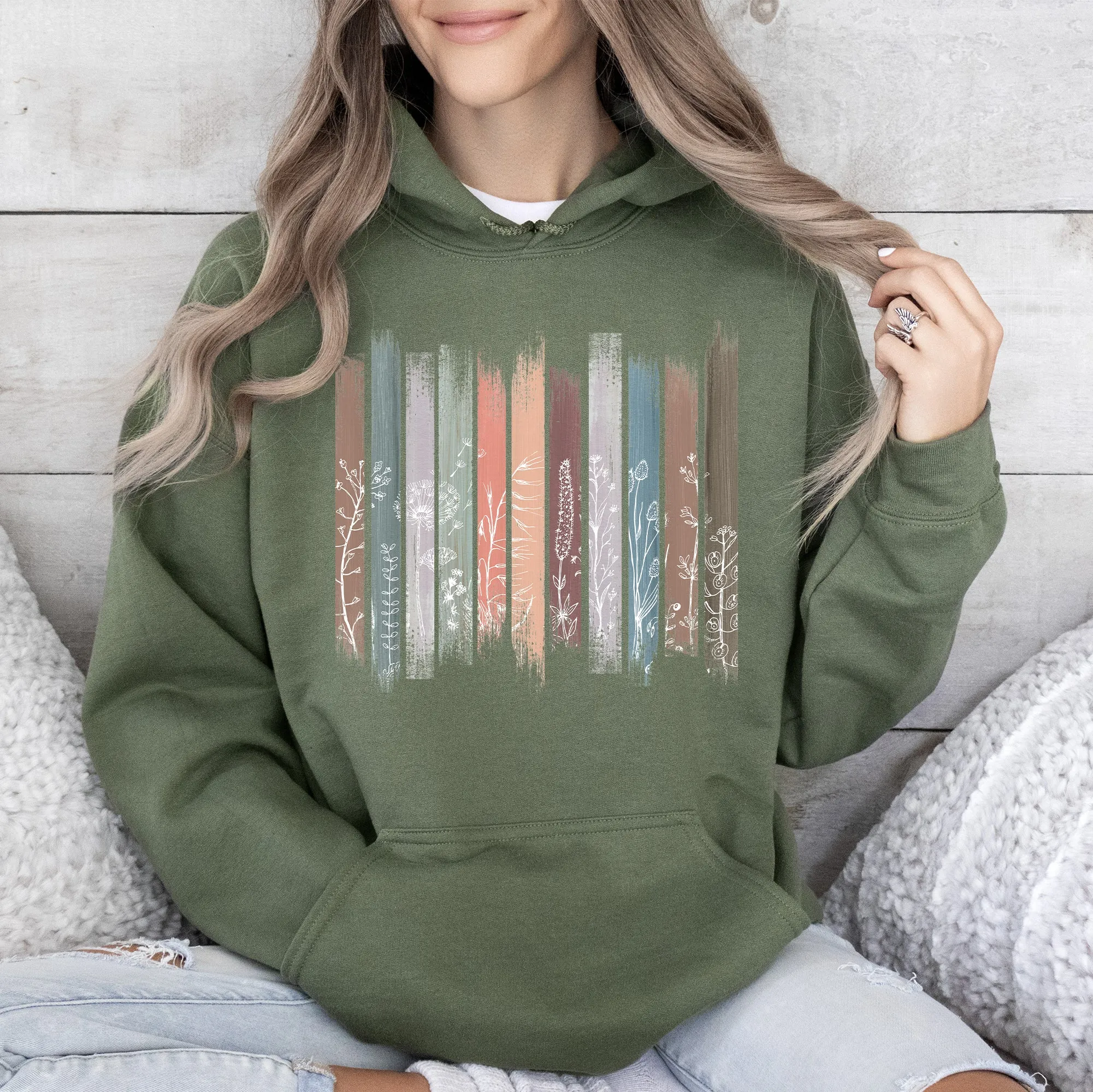 Wildflowers, Nature, Floral, Botanical Stripes Hoodie sold by Refinery Number One