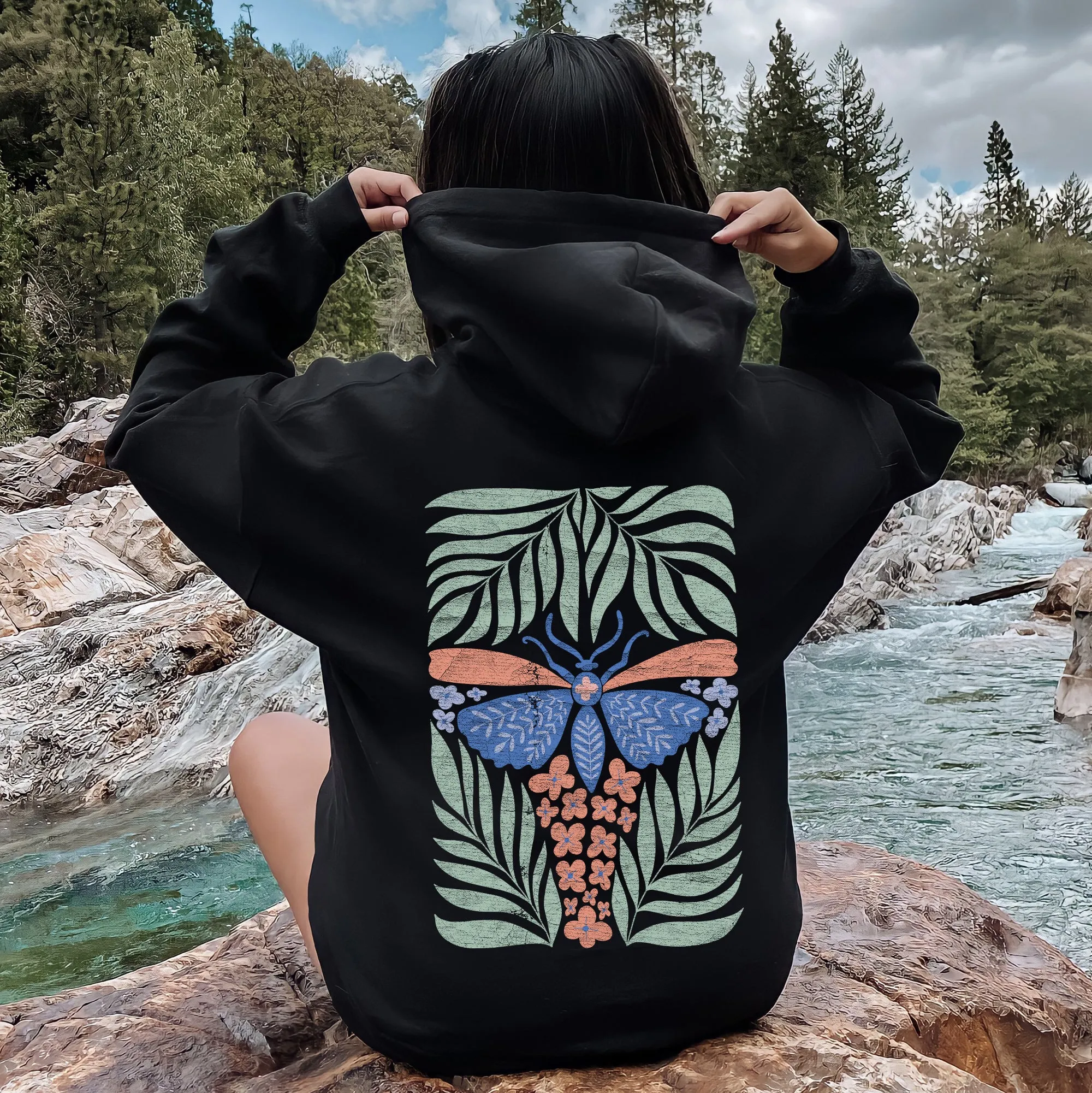 Tropical Butterfly and Palm Design, Boho Print Hoodie sold by Refinery Number One