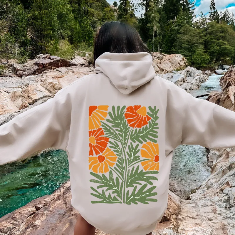 Retro Daisy Design, Greens, Orange, Vintage, Floral, Flower Hoodie sold by Refinery Number One