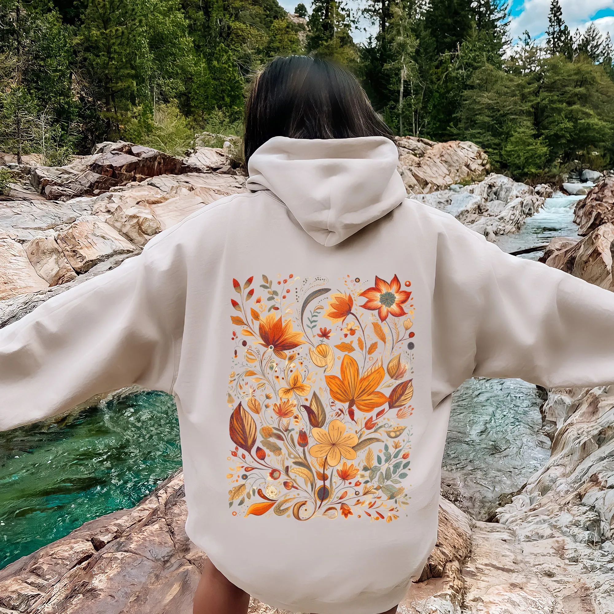 Boho Floral Pattern, Natural Colors, Flower, Botanical Hoodie sold by Refinery Number One product image thumbnail 2
