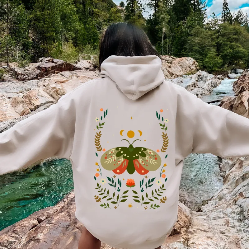 Midnight Garden Dance, Moth, Moon, and Floral Print Hoodie sold by Refinery Number One